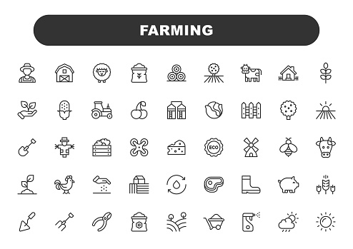 Farming Line Icons. Editable Stroke. Contains such icons as Farm, Agriculture, Animal, Tractor, Vegetable, Fruit, Ecology, Bio, Plant, Seed.