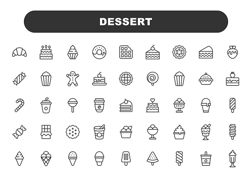 Dessert Line Icons. Editable Stroke. Contains such icons as Apple Pie, Baking, Biscuit, Brownie, Cake, Cookie, Cooking, Food, Ice Cream, Restaurant, Sugar, Chocolate.