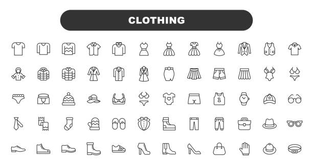 ilustraciones, imágenes clip art, dibujos animados e iconos de stock de clothes and fashion line icons. editable stroke. contains such icons as fashion, jacket, t-shirt, shoe, suit, wardrobe, skirt, sweater, clothes, fabric, wear, apparel, dress. - jersey top