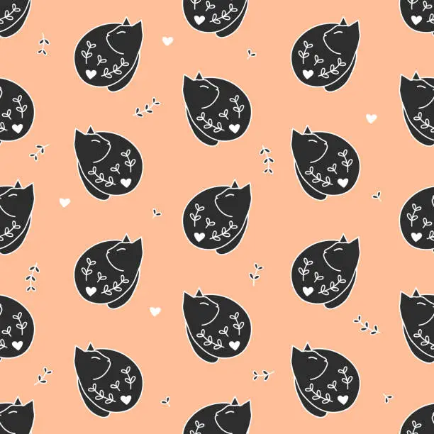 Vector illustration of Seamless elegant pattern with black cats - in Spanish. Print for textile, wallpaper, covers, surface. Retro stylization.
