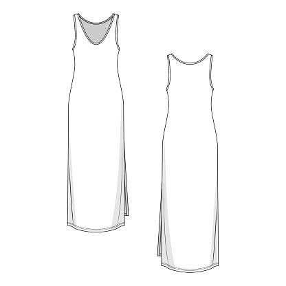Tank maxi dress, front and back view flat vector illustration. Women fashion sleeveless mock-up with binding around the neck and armholes, side slit and double needle hem. Vacation clothes concept