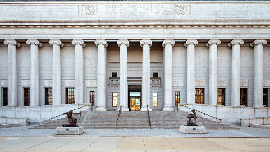 Boston, MA, USA - April 14, 2024: view of the architecture of the iconic Museum of Fine Arts Boston - MFAB in Boston, Massachusetts, USA on a sunny spring day.