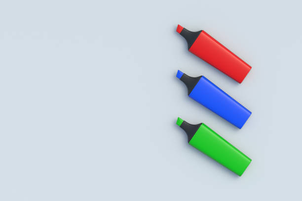 Colorful highlighter pens on gray background. Markers for highlight and emphasize text. Stationery accessories for school and office. Top view. Copy space. 3d render