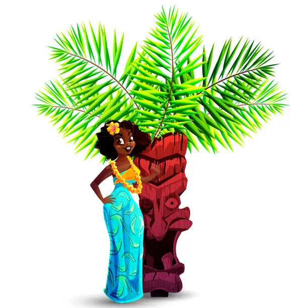 Vector illustration of Summer exotic vacation concept in cartoon style. Young Hawaiian girl and wooden Tiki mask with palm leaves on a white background. Stylish tropical vector illustration.