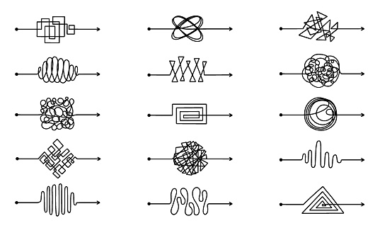 Messy arrow lines doodle set. Tangled scribble path, chaos mindset, different ways to solve problem, from simple to complex in sketch style. Hand drawn vector illustration isolated on white background