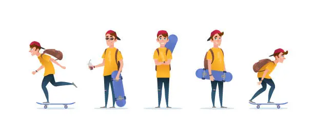 Vector illustration of Skateboarder with skateboard in different poses