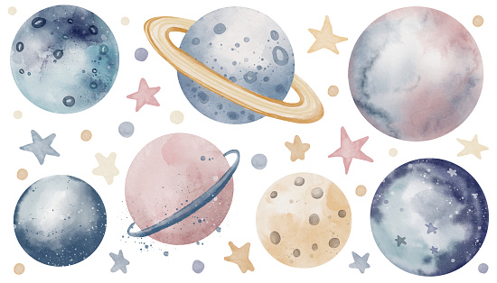 Set with watercolor Planets foe baby design in pastel blue and pink colors. Illustration with moon and stars in a Space for childish design. Astrological round elements for kids greeting cards.