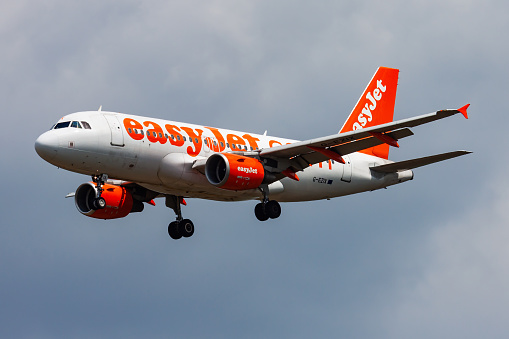 Budapest, Hungary - May 11, 2015: Easyjet passenger plane at airport. Schedule flight travel. Aviation and aircraft. Air transport. Global international transportation. Fly and flying.
