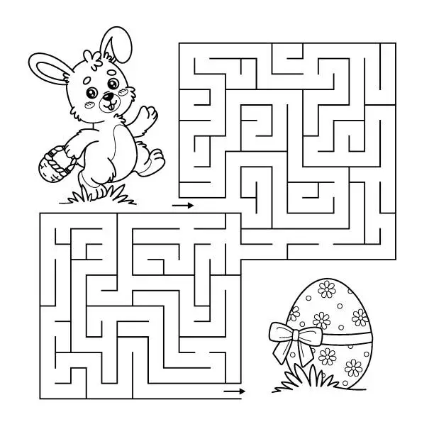 Vector illustration of Kids game maze puzzle with rabbit and Easter egg