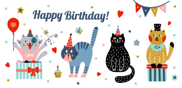 ilustraciones, imágenes clip art, dibujos animados e iconos de stock de cute cats is celebrating his birthday. - cake pie apple pie apple