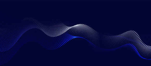 Abstract blue glowing energy waves from dotted line particles with blur effect on dark background. Futuristic modern backdrop design for business, presentation, ads, banner, website, landing page, wallpaper screen and more