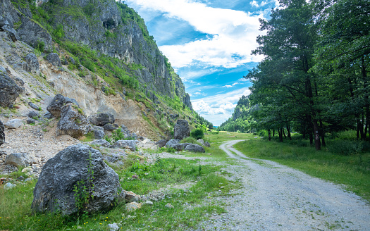 A dirt road winding along a rocky hill side. Large boulders have fallen from the side cliffs, and stand near the track. The gorges are located in Capatanii Mountains near Galbenu River. Carpathia.