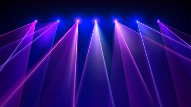 istock Laser light show. Bright led laser beams, dj light party. Illuminated blue pink stage, led strobe lights. Background, backdrop for displaying products. Vector illustration 2148734248