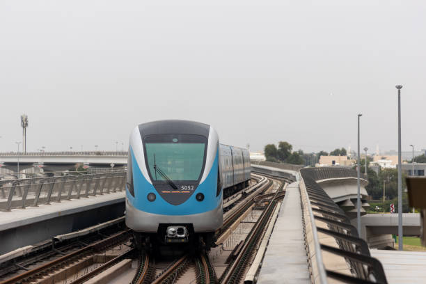 Dubai, United Arab Emirates - March 31, 2024 : Dubai Metro train at the Centrepoint Station in Dubai, United Arab Emirates. This train is on the Dubai Metro Red Line.