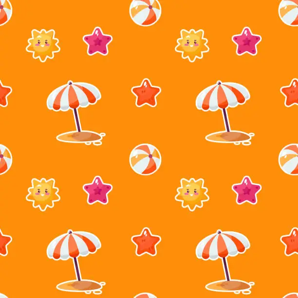 Vector illustration of Seamless pattern with cute cartoon summer beach tools. Vector illustration