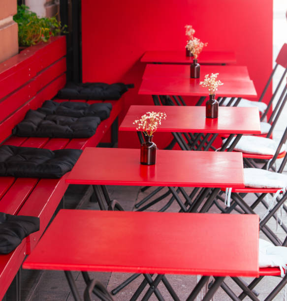 istock Red tables with chairs in a cafe 2148735569