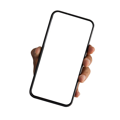 close up man hand hold smartphone with blank screen isolated on white background for marketing or advertisement and design concept