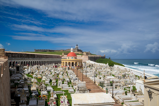 Old San Juan Cemetery where Cementerio Santa Maria Magdalena de Pazzi is. One of the most beautiful memorial parks in the world. A unique and historic graveyard overlooking the Atlantic Ocean.
