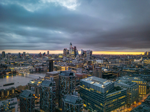Aerial view at sunrise of London's skyscrapers