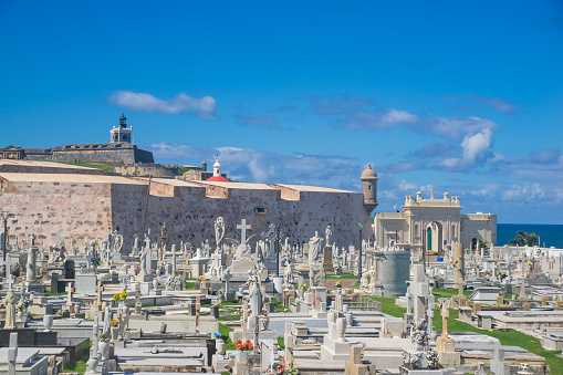 Old San Juan Cemetery where Cementerio Santa Maria Magdalena de Pazzi is. One of the most beautiful memorial parks in the world. A unique and historic graveyard overlooking the Atlantic Ocean.