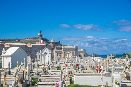 Old San Juan Cemetery where Cementerio Santa Maria Magdalena de Pazzi is. One of the most beautiful memorial parks in the world. A unique and historic graveyard overlooking the Atlantic Ocean.