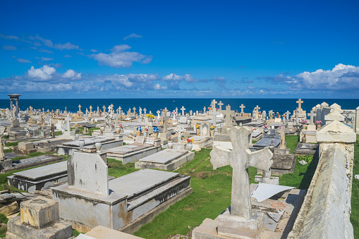 Old San Juan Cemetery where Cementerio Santa Maria Magdalena de Pazzi is. One of the most beautiful memorial parks in the world. A unique and historic graveyard overlooking the Atlantic Ocean.