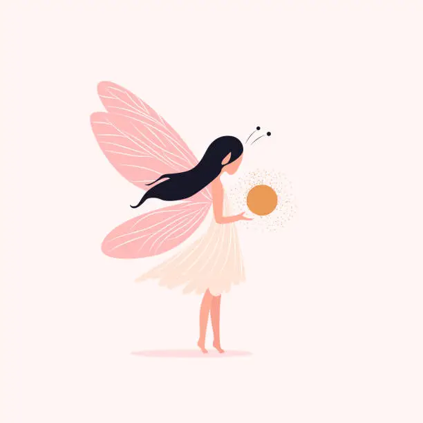 Vector illustration of Cute Garden Fairy.Vector childish  fairy, stars, moon