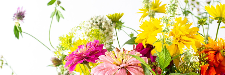 Summer bouquet of colorful Zinnia, onion inflorescences and mint sprigs, Rudbeckia Goldquelle and red clover, Ranunculus and Matricaria, home decoration with flowers banner