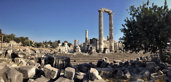 A panorama of the front of the temple of Apollo at Didyma showing the stairs in the foreground and ruined columns in the background