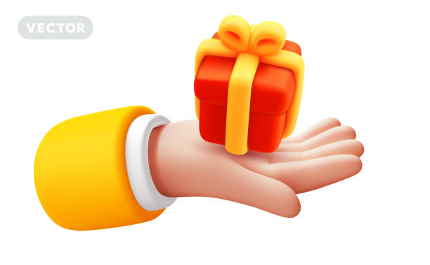 istock Vector illustration of gesture hand in sleeve hold red gift box on white color background. 3d style design of man white skin hand give present 2148737173