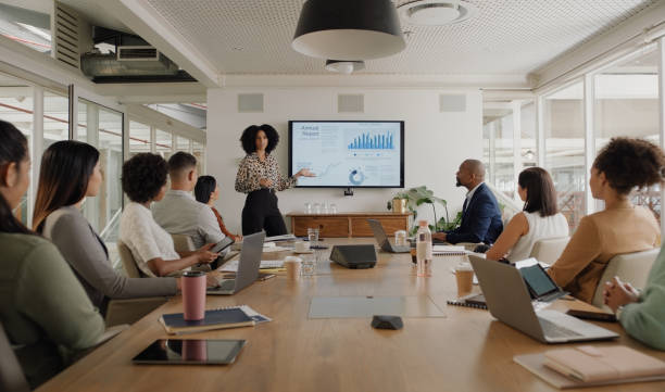 Business people, meeting and presentation on screen for data analytics, statistics and financial growth in boardroom. Professional leader, woman or analyst with monitor for graphs, charts and report