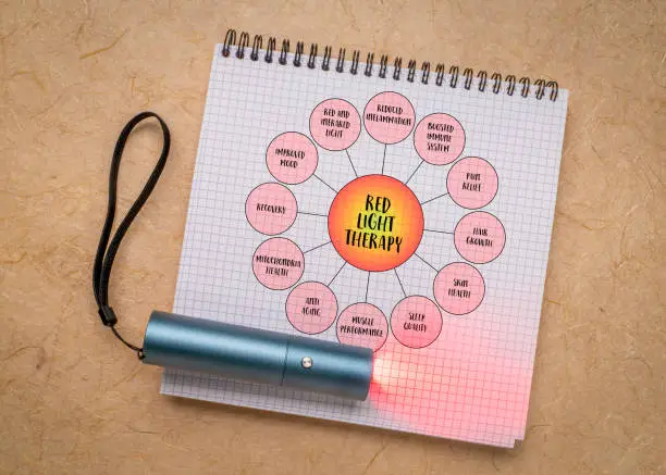benefits of red light therapy - mind map infographics diagram in a spiral notebook with a small torch for local treatment, health, lifestyle, self care and medical concept