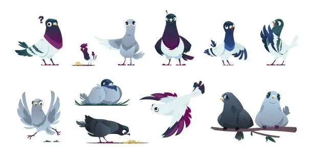 Vector illustration of Cute pigeon characters. Cartoon flying doves with different emotions, romantic couple and family with kids, flying birds in love. Vector set