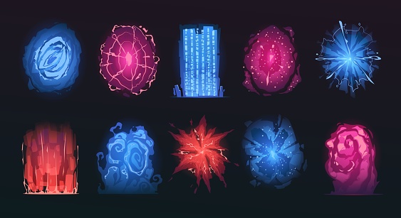 Portal cartoon effects. Magic gate teleportation, fantasy vortex and door frame, fantastic multiverse elements. Vector isolated set. Blue and red glowing gates for games of different shapes