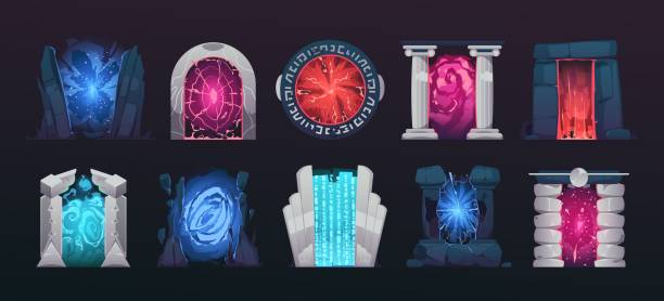 istock Cartoon game portal. Magic vortex tunnel archway frame, fantasy fairy entrance and exit way, fantasy adventure game asset. Vector isolated set 2148738727