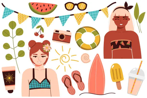 Vector illustration of A set of summer things for the beach. Travel to a sunny country. Happy girl in a bikini is resting at the sea. A woman in a swimsuit sunbathes and relaxes near the water. Summer rest. vector