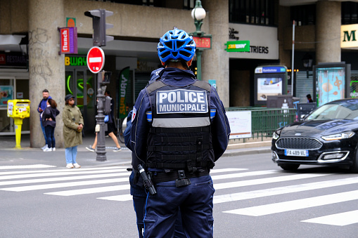 Member of Municipal Police patrols in central Paris, France on March 31, 2024.