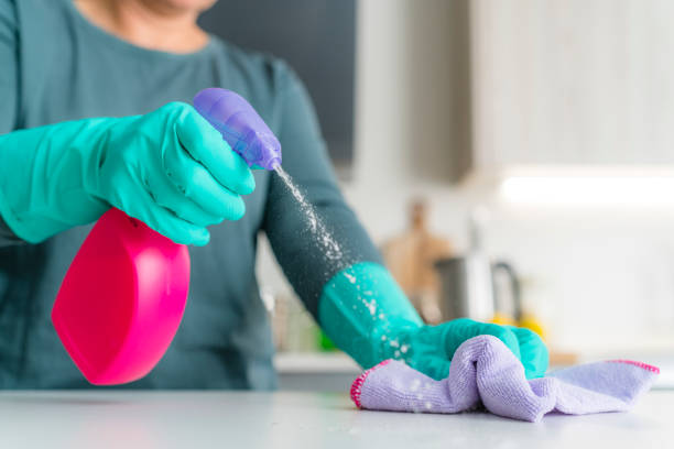 istock Woman spraying cleaner on kitchen counter 2148739225