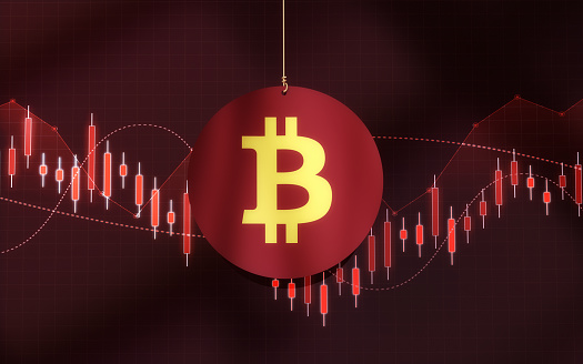 3d render Yellow Maroon Bitcoin Icon on Maroon note paper hanging on string on black background Black background (close-up)