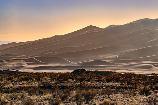 View westward of the Great Sand Dunes National Park in Colorado, western USA, North America. Nearest cities are Denver, Colorado Springs and Alamosa Colorado.