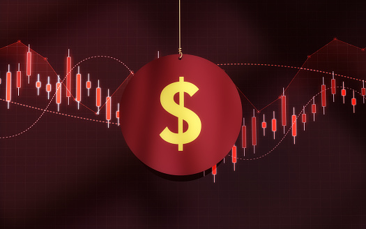 3d render Yellow Maroon Dollar symbol Finance Chart on Metallic Maroon note paper hanging on string in background (close-up)