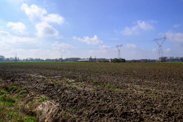 Agricultural plowed landscape with electricity pylons in the background; with a blue sky with white clouds.
