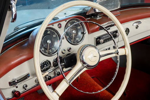 Hamburg, Germany April 6. 2024: View of the dashboard of a Mercedes 190 SL Cabriolet