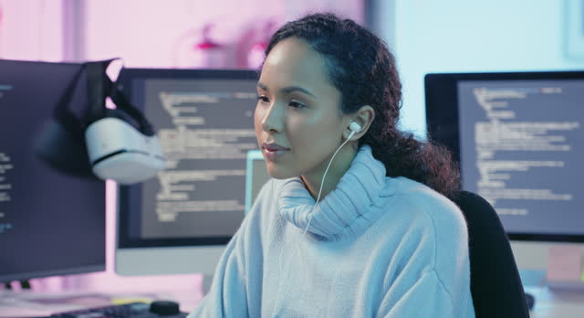 Woman, music earphones and computer in coding, seo programming or web design software in neon home office. Thinking developer, designer and programmer on code technology and listening to cyber radio