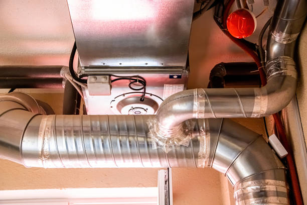 istock Ventilation pipes in building. Heating and cooling distribution ducts. 2148741126