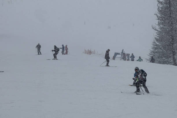 Part of skies Skiing on the snow slope. Copy space