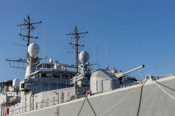 istock Modern weapons on the deck of a military ship 2148744136