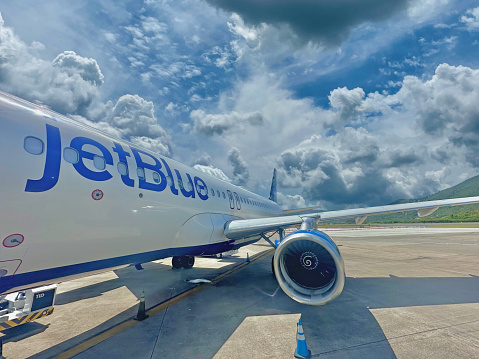 JetBlue Airplane operation and boarding in Cyril E. King Airport in US Virgin Islands on April 13th 2024.