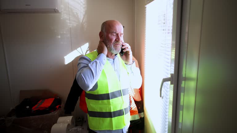 Tired senior male architect talking on mobile phone while looking through the office window