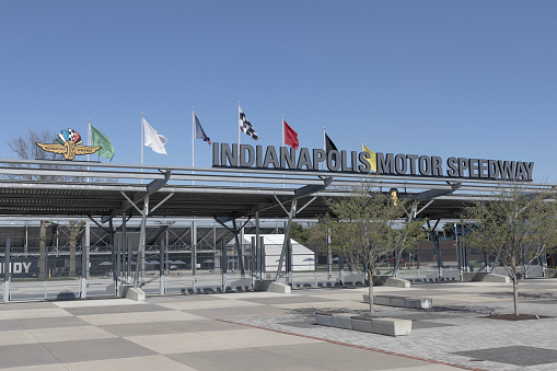 Indianapolis - April 13, 2024: Indianapolis Motor Speedway Gate One entrance. Hosting the Indy 500 and Brickyard, IMS is The Racing Capital of the World.
